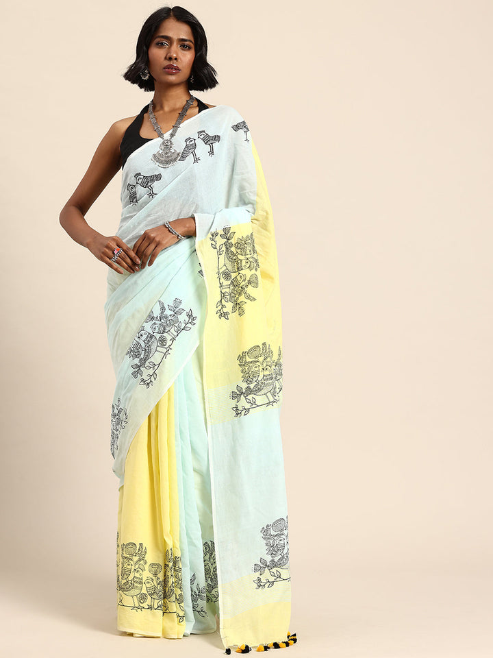 Handloom Sky Blue & Yellow Cotton Bird Print Saree