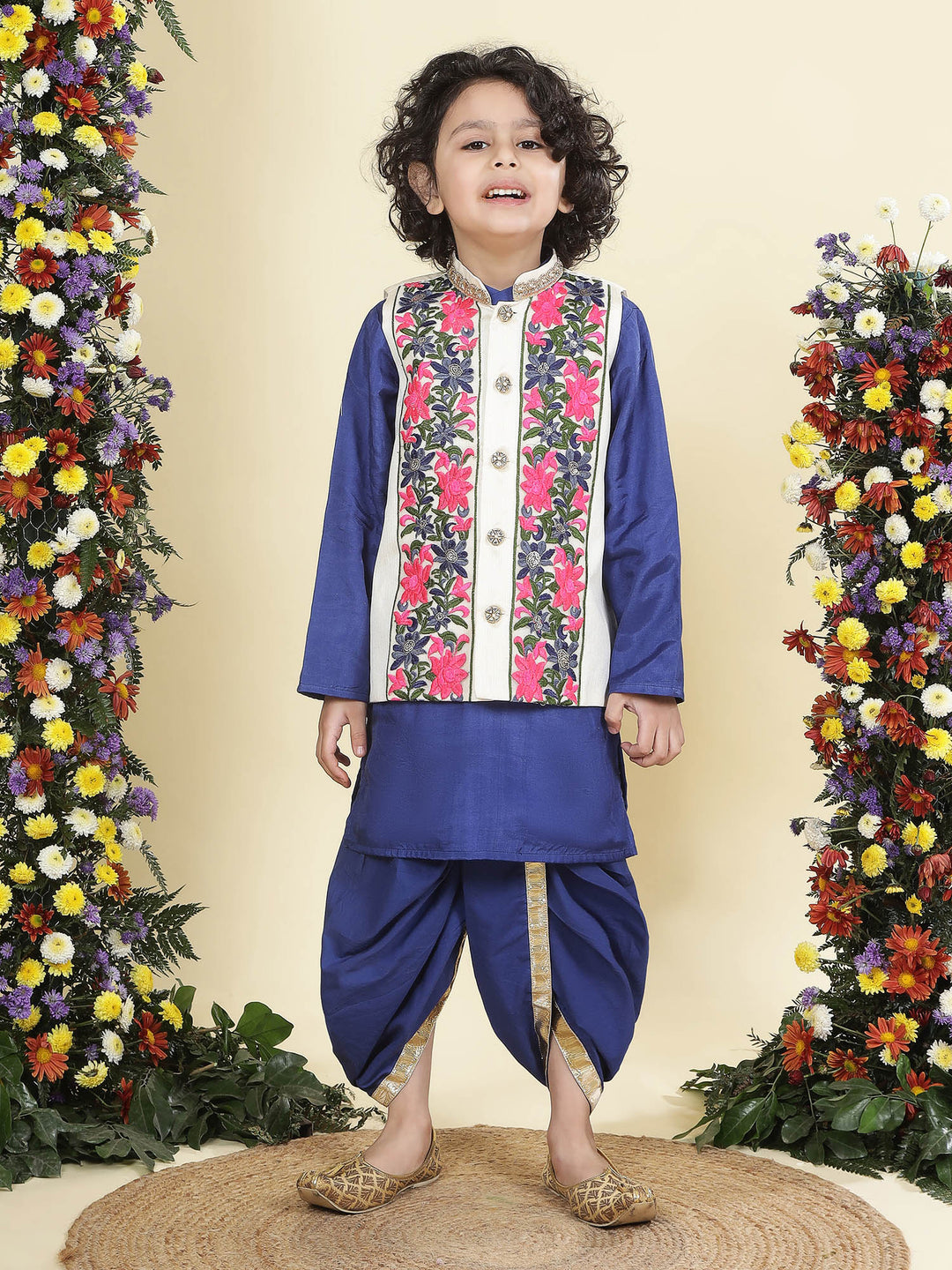 Floral Embroidery Mulberry Nehru Jacket with Blue Cotton Kurta Dhoti Set | SHOBITAM