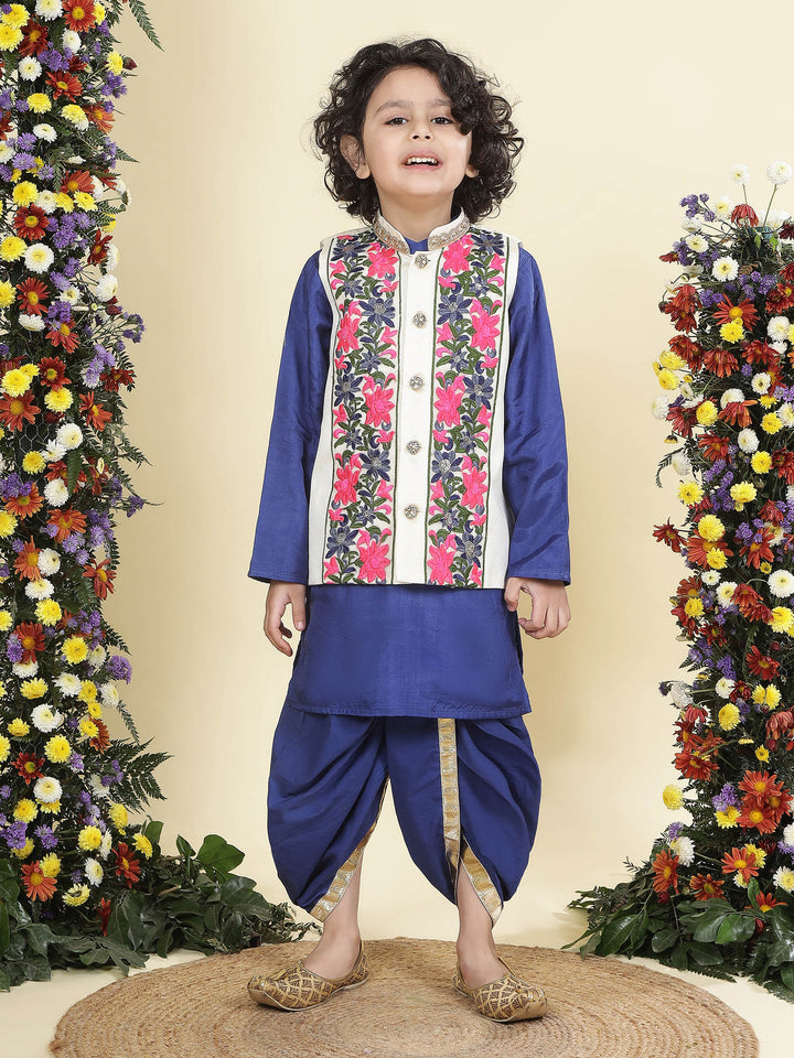 Floral Embroidery Mulberry Nehru Jacket with Blue Cotton Kurta Dhoti Set | SHOBITAM
