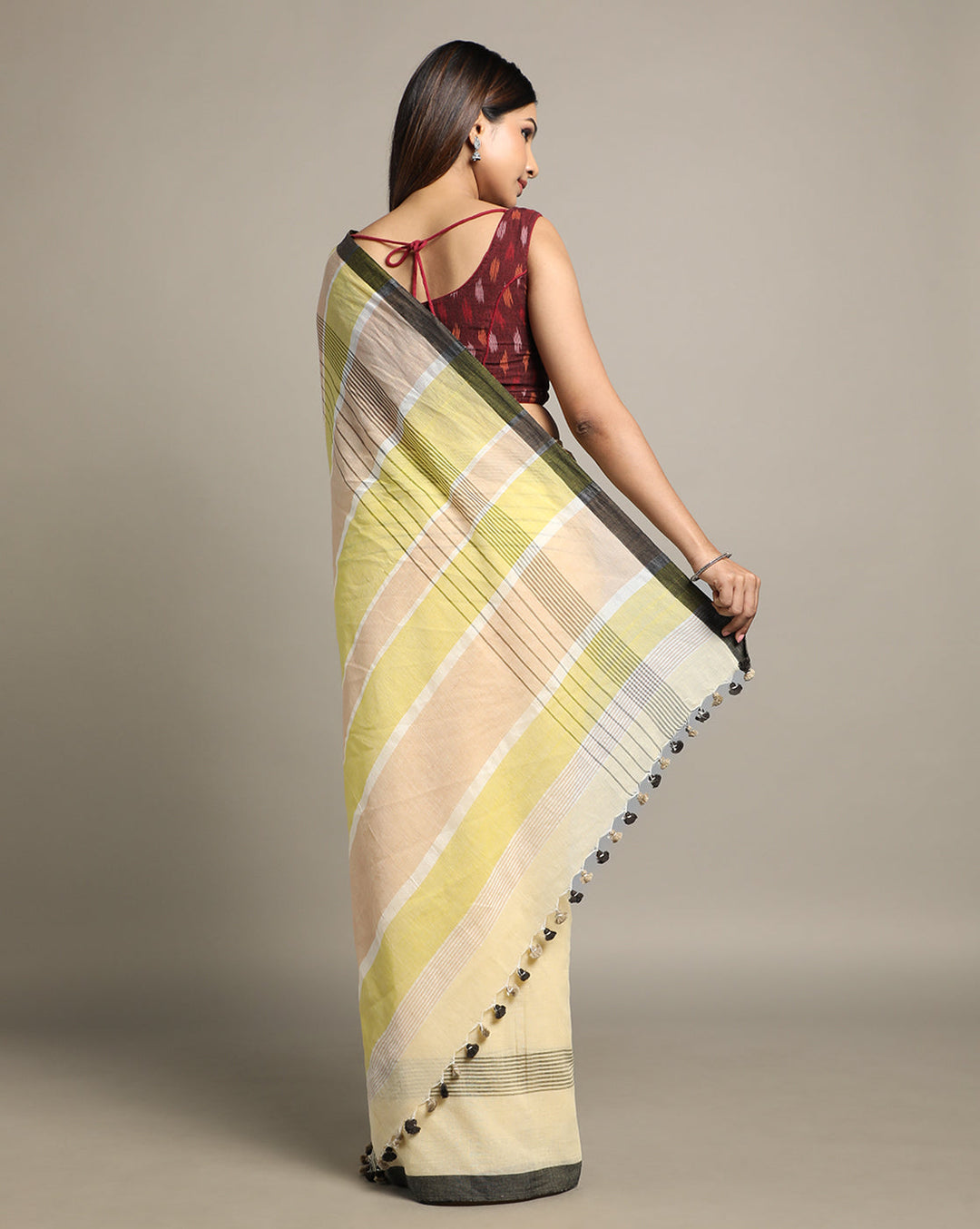 Yellow Cream Colour Block Cotton Saree with pompoms No Blouse Piece | SHOBITAM