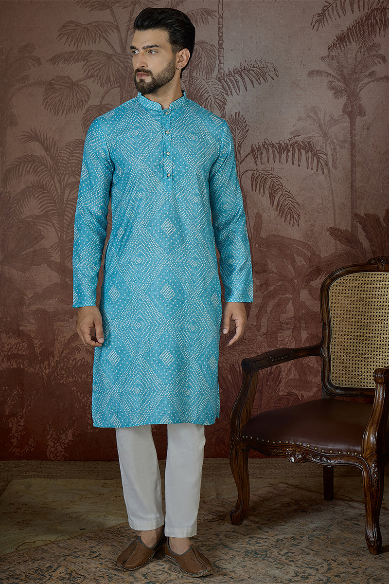 Mens Blue Linen Bandhani Print Regular Kurta With Trouser | SHOBITAM