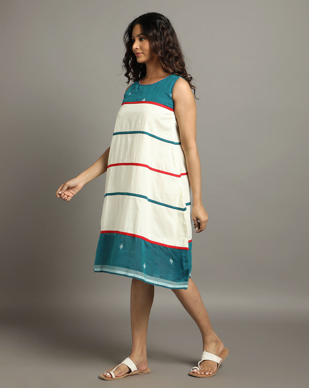 Cream Teal Green Cotton Handloom Striped dress | SHOBITAM