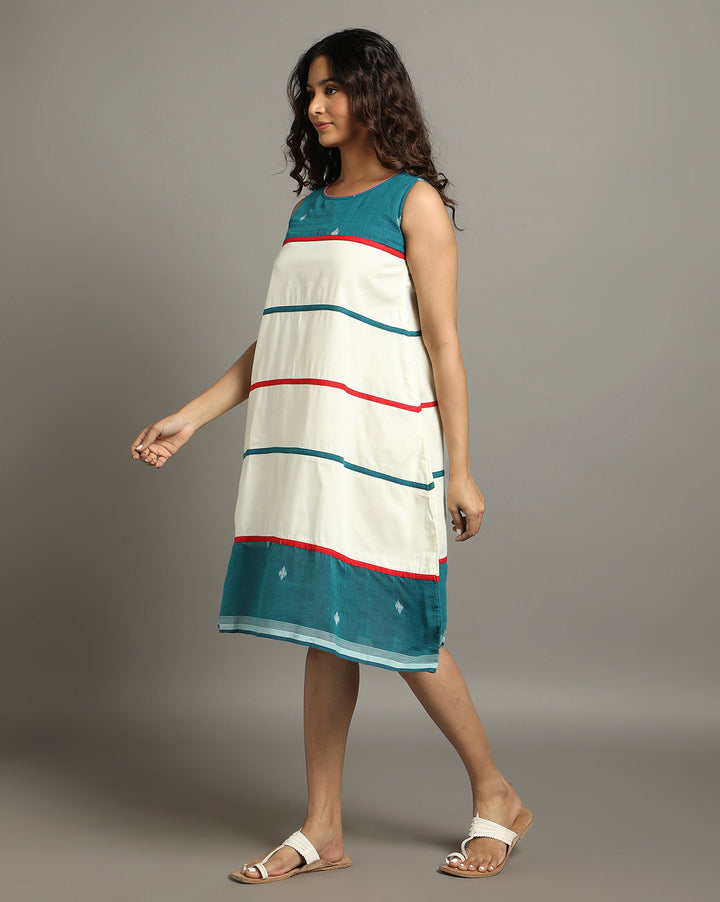 Cream Teal Green Cotton Handloom Striped dress | SHOBITAM