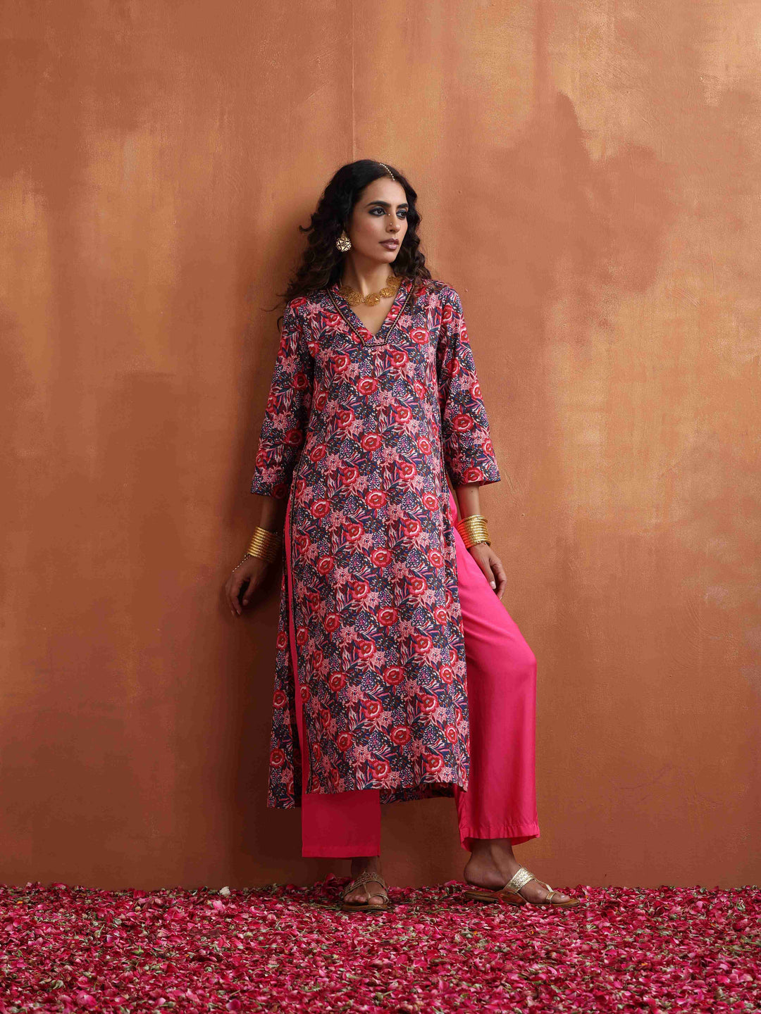 Pink Print High Slit Kurta Set | SHOBITAM