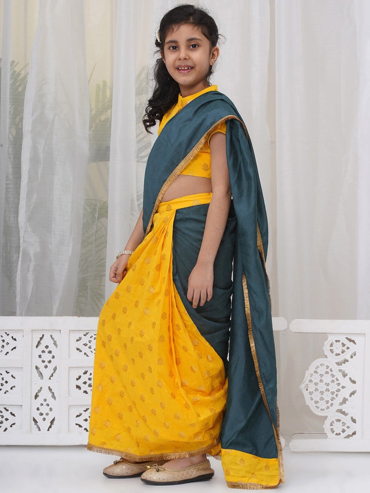 Cotton Floral Embroidery Ready to wear Blouse with Ready to wear Chanderi Saree - Casal & Yellow | SHOBITAM