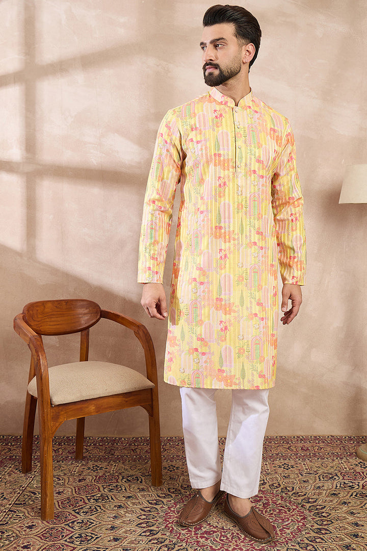 Yellow Silk Blend Abstract Printed Straight Kurta For Men | SHOBITAM
