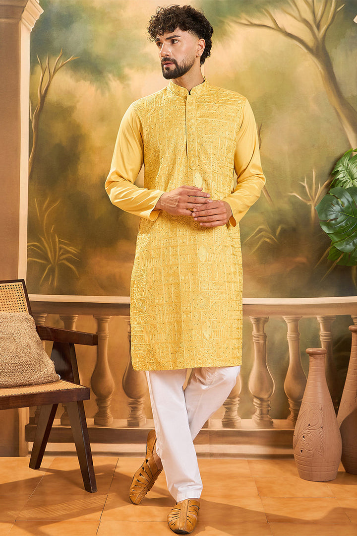 Yellow Silk Blend Solid Embroidered Straight Kurta | SHOBITAM