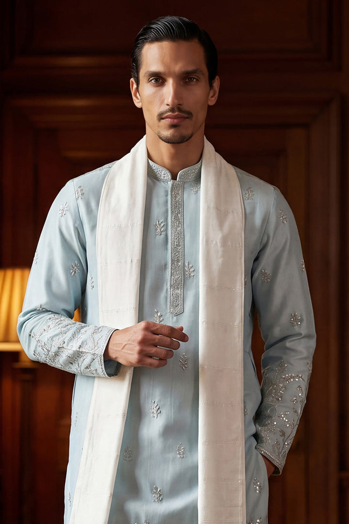 Men Blue Silk Blend Solid Embroidered Straight Kurta Sets  | SHOBITAM