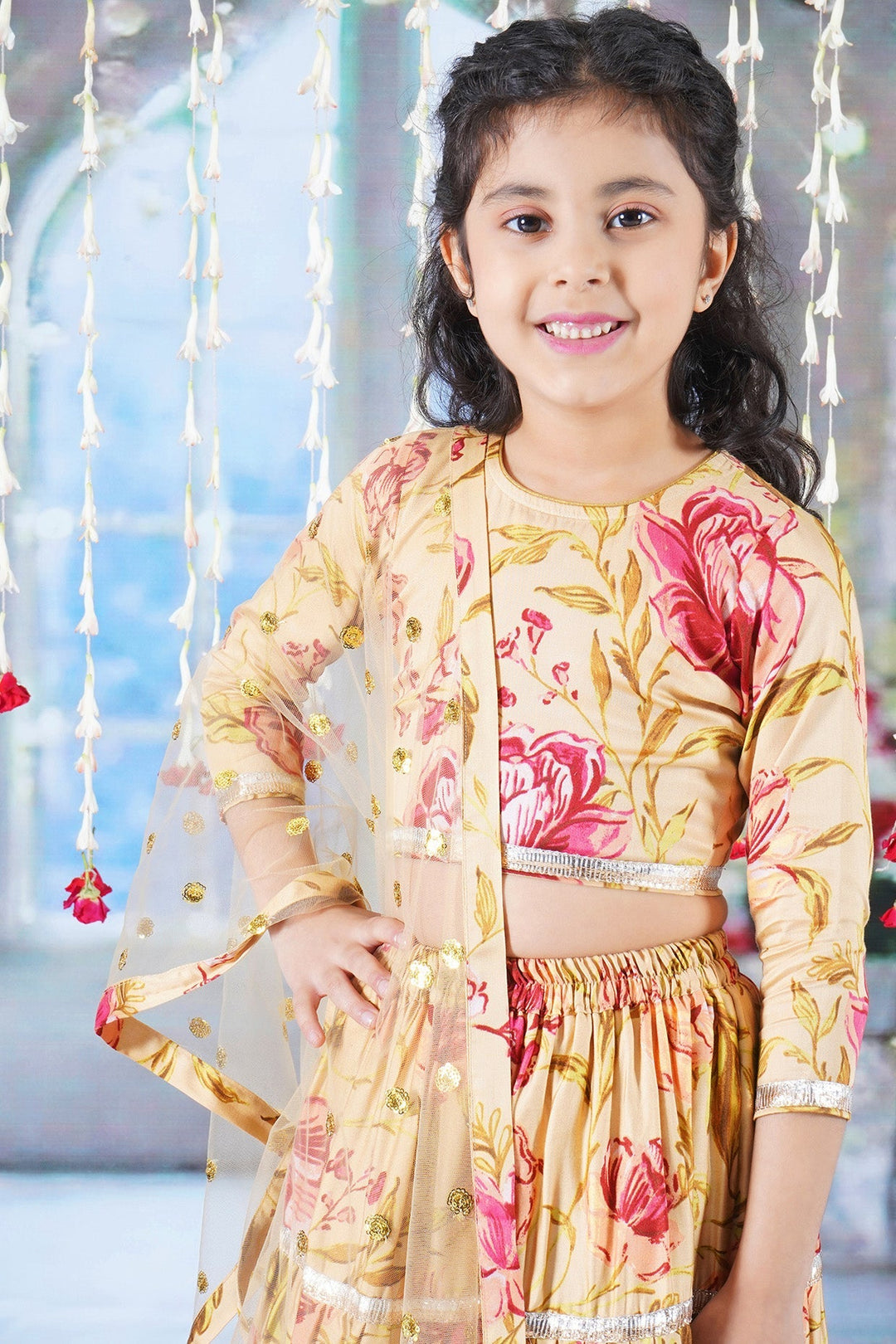 Modern Rose Print Lehenga with Panel and lace work with Blouse and Dupatta | SHOBITAM