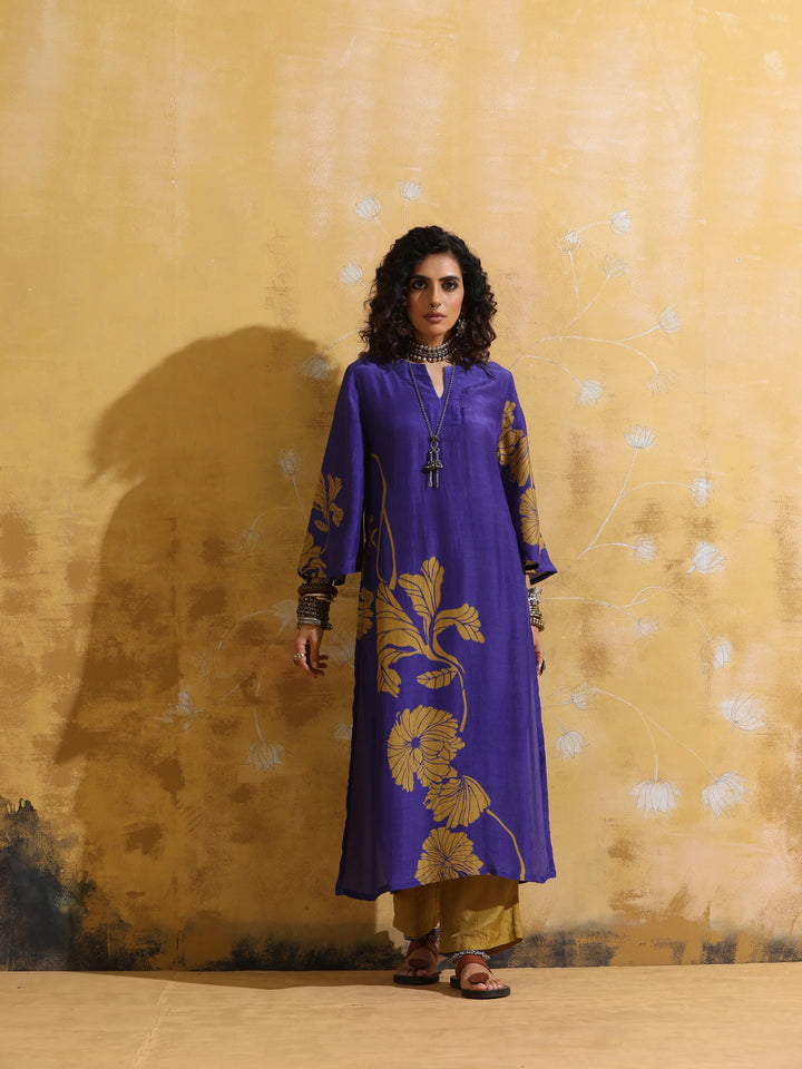 Purple Mustard Floral Print Muslin Silk High-Slit Kurta Set  | SHOBITAM