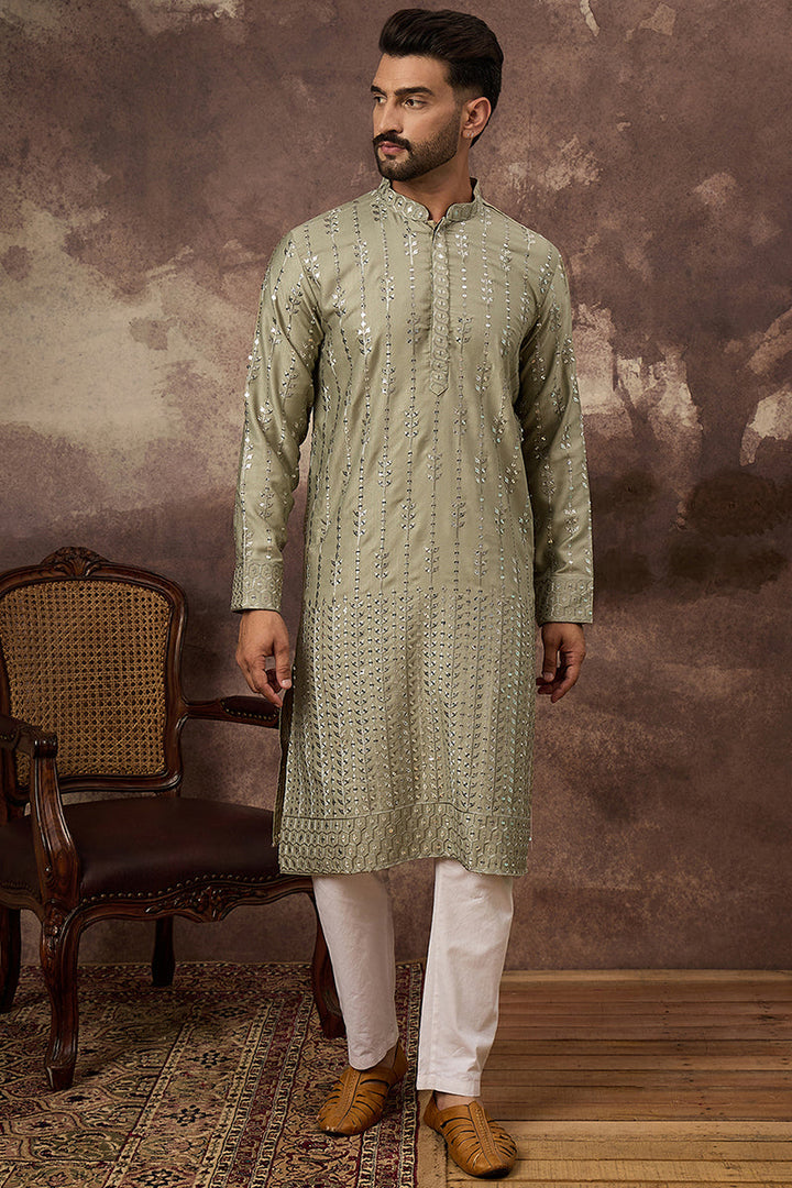 Green Silk Blend Solid Embroidered Straight Kurta With Pant Set For Men | SHOBITAM