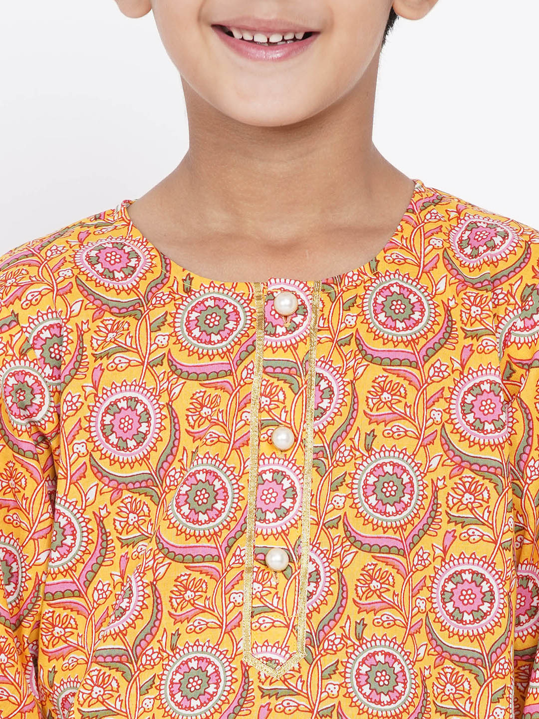 Boys Floral Kurta with Pearl Buttons and Dhoti in Yellow  | SHOBITAM