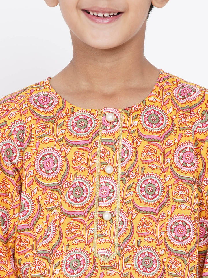 Boys Floral Kurta with Pearl Buttons and Dhoti in Yellow  | SHOBITAM