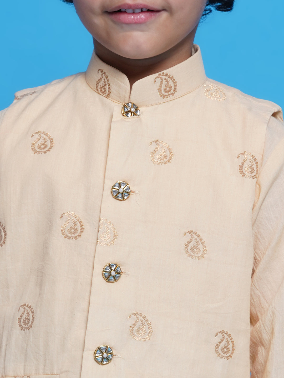 Boys Cotton Sleevelees Golden Ambi Embrodiery Nehru Jacket with Kurta and Dhoti - Seashell Cream | SHOBITAM