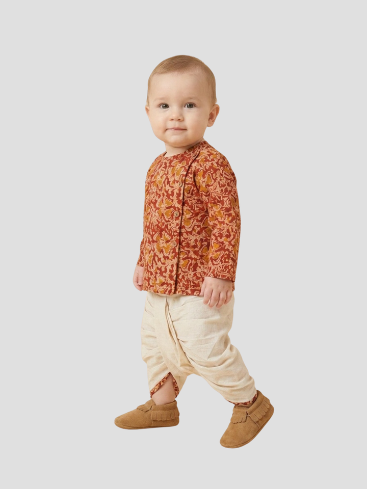 Boys Rust Orange Floral Printed Cotton Angrakha Style Dhoti Set | SHOBITAM