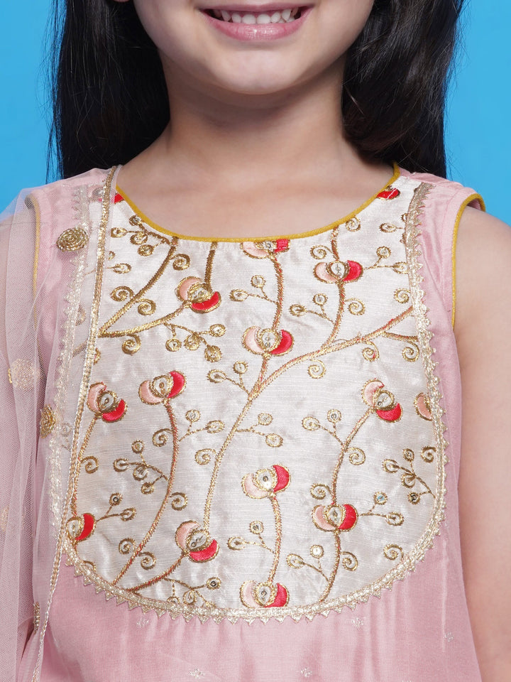 Chanderi Silk Tulip Kurta with Dhoti Salwar & Dupatta - Peachish Pink | SHOBITAM