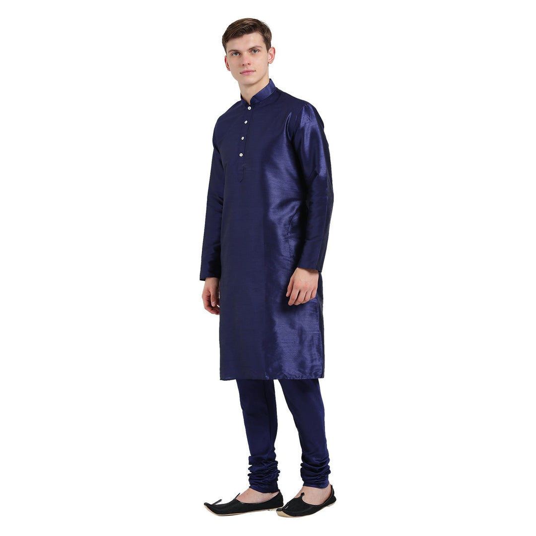 Navy Blue Silk Blend Solid Kurta | SHOBITAM