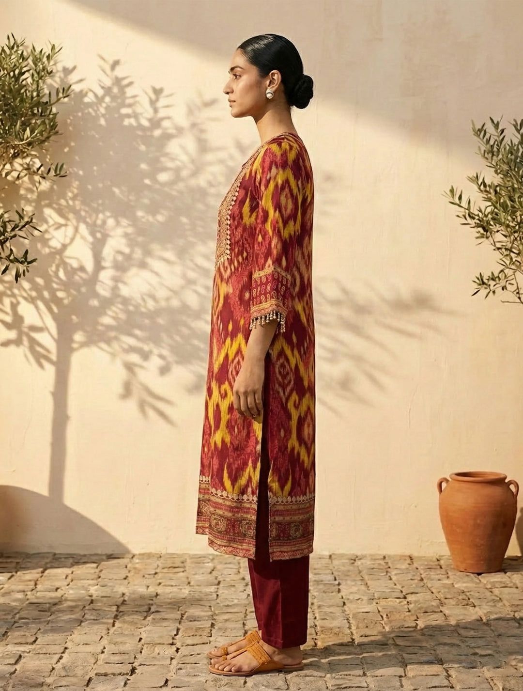 Red Ikat Print Embroidered V-Neck Kurta Pant Dupatta Set| SHOBITAM