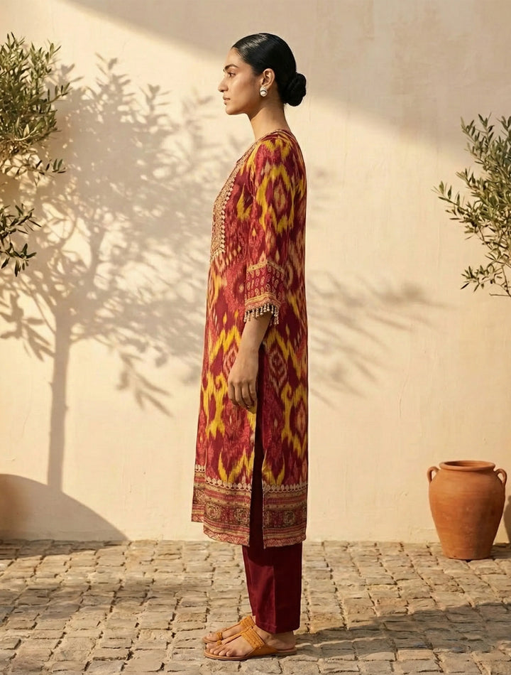 Red Ikat Print Embroidered V-Neck Kurta Pant Dupatta Set| SHOBITAM