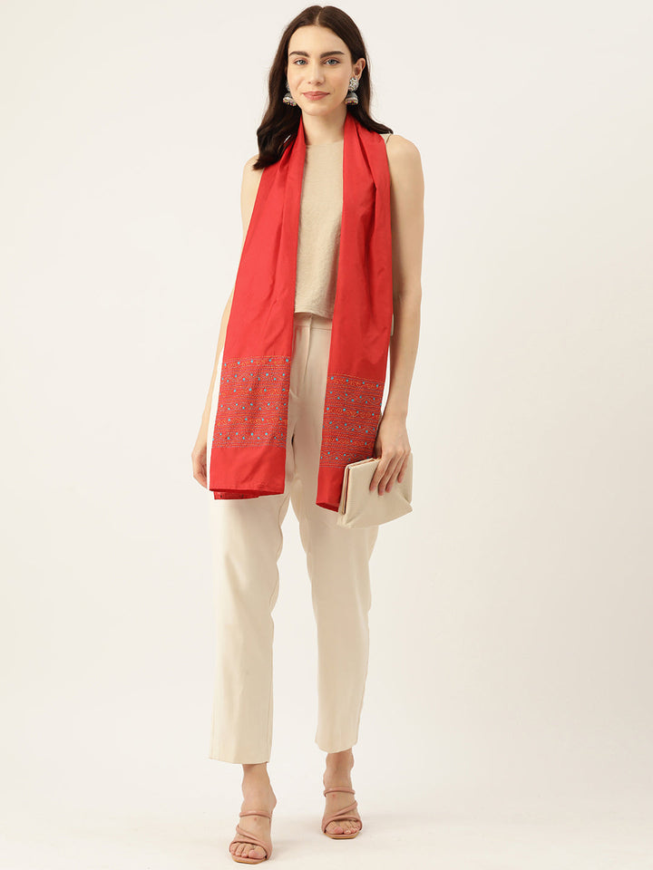 Red & Yellow Kantha Art Silk Stole | SHOBITAM