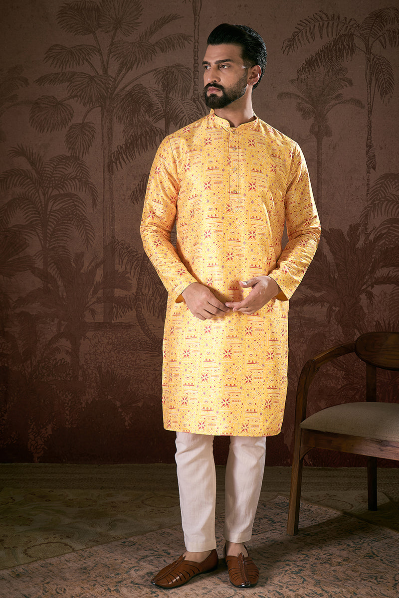 Yellow Silk Blend Ethnic Motifs Printed Straight Kurta With Trouser | SHOBITAM