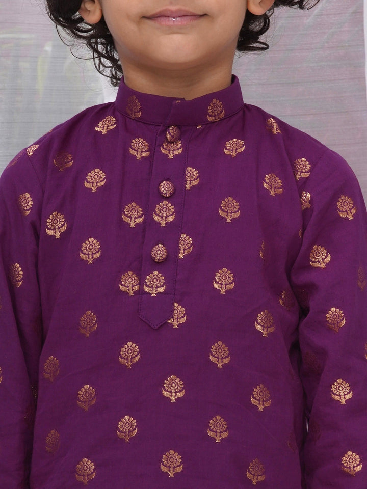 Boys Cotton Full Sleeves Kurta and Dhoti with Golden Floral Zari Work- Purple | SHOBITAM