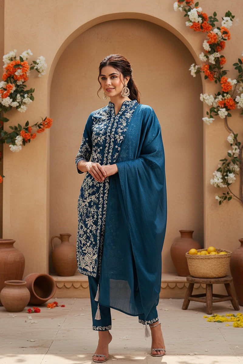 Teal Blue Silk Blend Solid Embroidered Straight Suit Set  | SHOBITAM