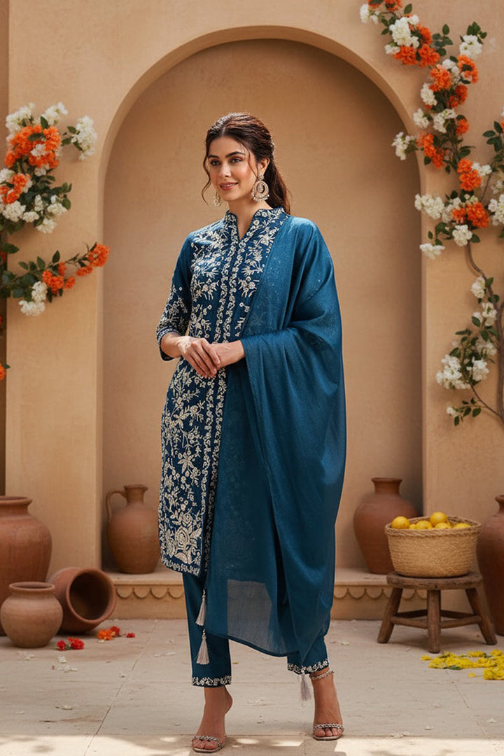 Teal Blue Silk Blend Solid Embroidered Straight Suit Set  | SHOBITAM
