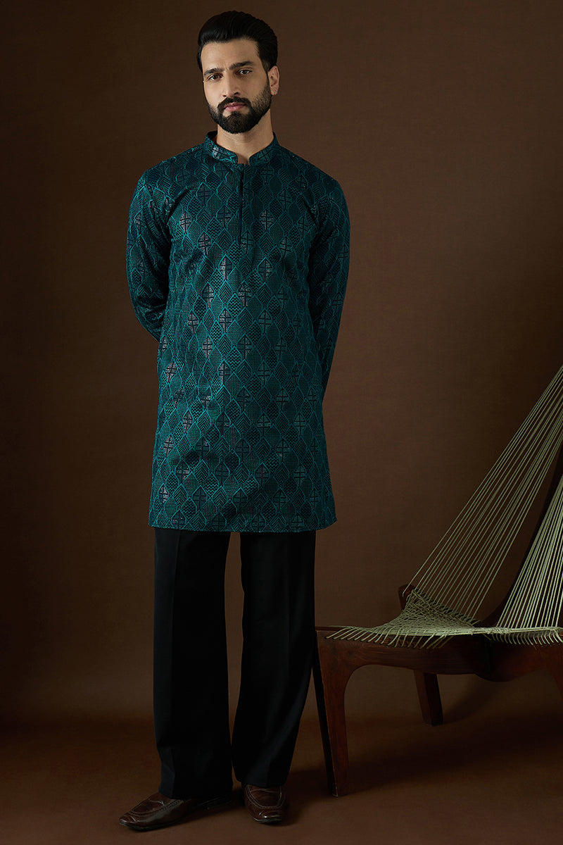 Teal Georgette Solid Embroidered Straight Kurta | SHOBITAM