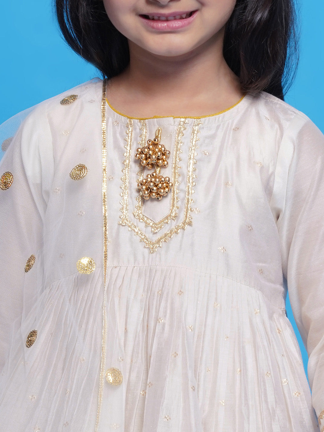 Girls Chanderi Cotton Three Fourth Sleeves Kurta Frock with Plazzo and Dupatta with Boota, Lace & Tussel work - Cream | SHOBITAM