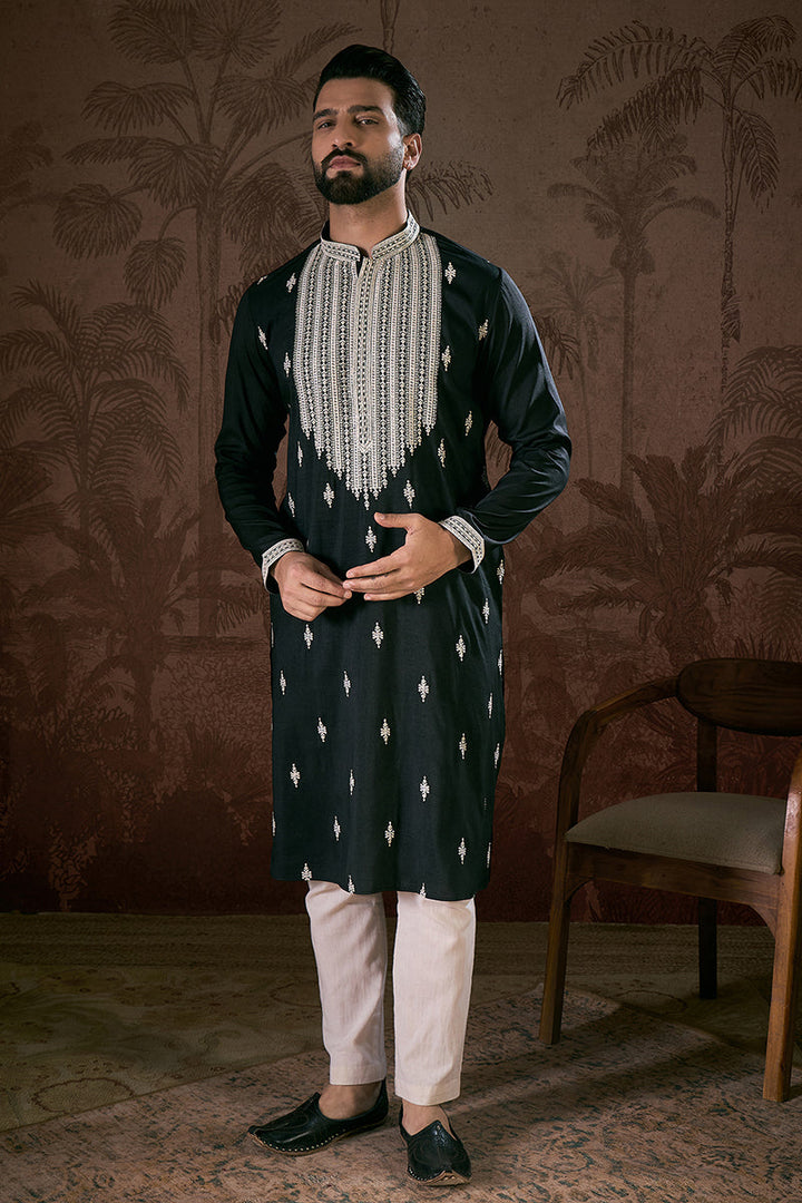 Black Silk Blend Solid Embroidered Straight Kurta For Men | SHOBITAM