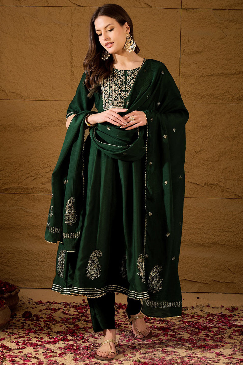 Green Silk Blend Embroidered Anarkali Suit Set   | SHOBITAM