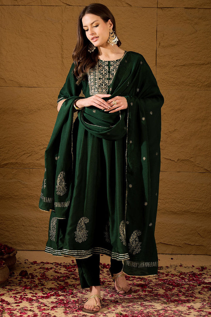 Green Silk Blend Embroidered Anarkali Suit Set   | SHOBITAM