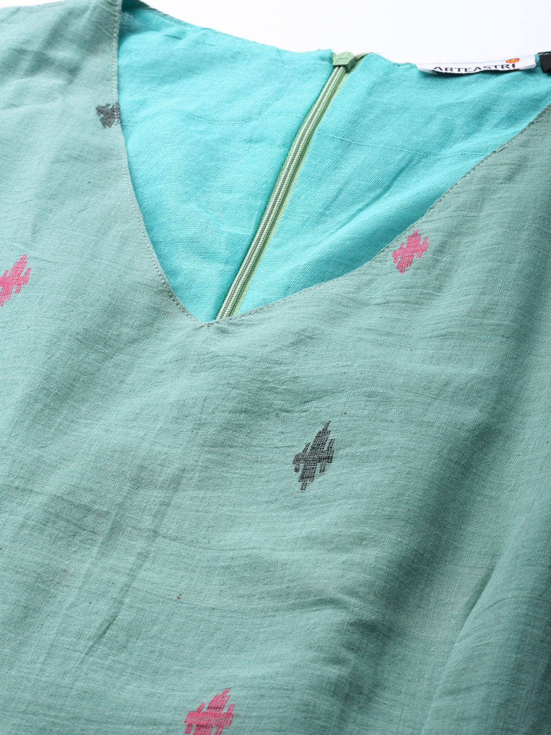 Sea Green Pink Cotton Handloom Dress | SHOBITAM