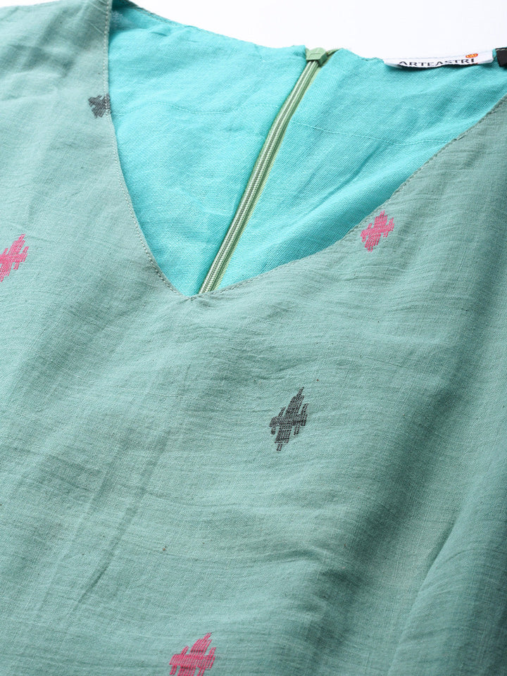 Sea Green Pink Cotton Handloom Dress | SHOBITAM