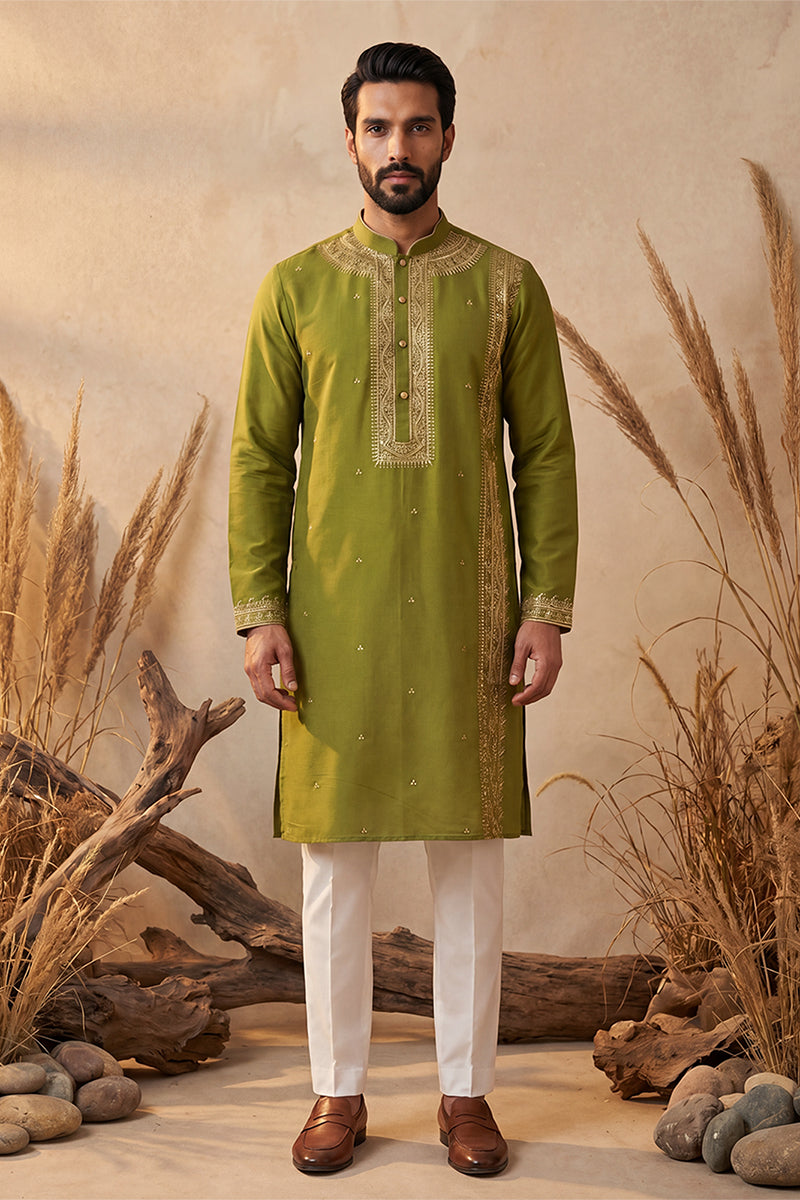 Mens Green Silk Blend Solid Emboidered Straight Kurta With Trouser | SHOBITAM