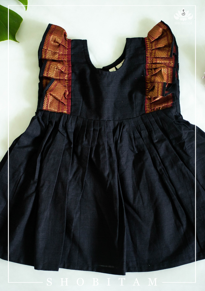 Black and Maroon Kid Girl Dress with Mangalagiri Zari Borders  | Shobitam Custom Gowns