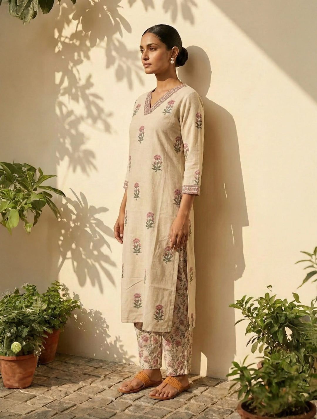 Ivory Floral Boota Print V-Neck Kurta Pant Set  | SHOBITAM