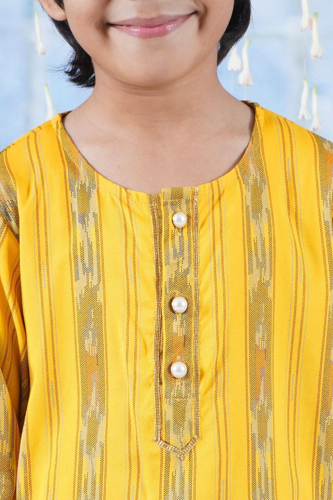 Boys Cotton Full Sleeves Ikat Kurta with Dhoti and Pearl Buttons - Yellow | SHOBITAM
