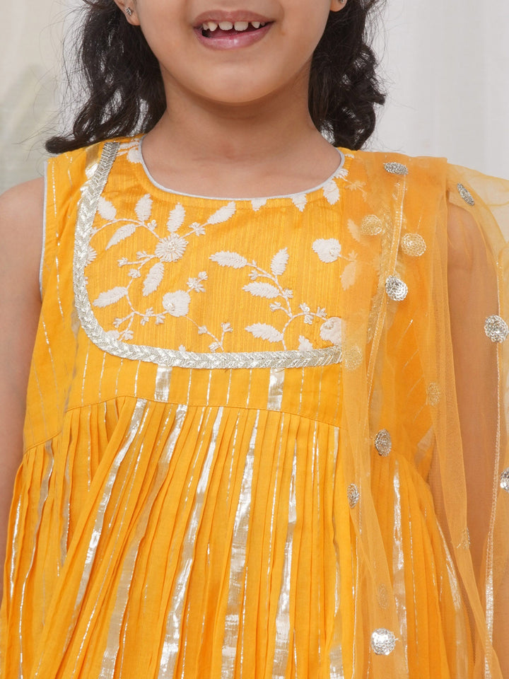 Girls Cotton Sleeveless White Thread Floral Embroidery Kurta Frock with Sharara and Dupatta - Haldi Yellow | SHOBITAM