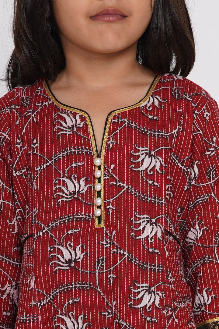 Girls Kantha work Lotus Print Long Maroon Kurta with Black Sharara and Dupatta | SHOBITAM