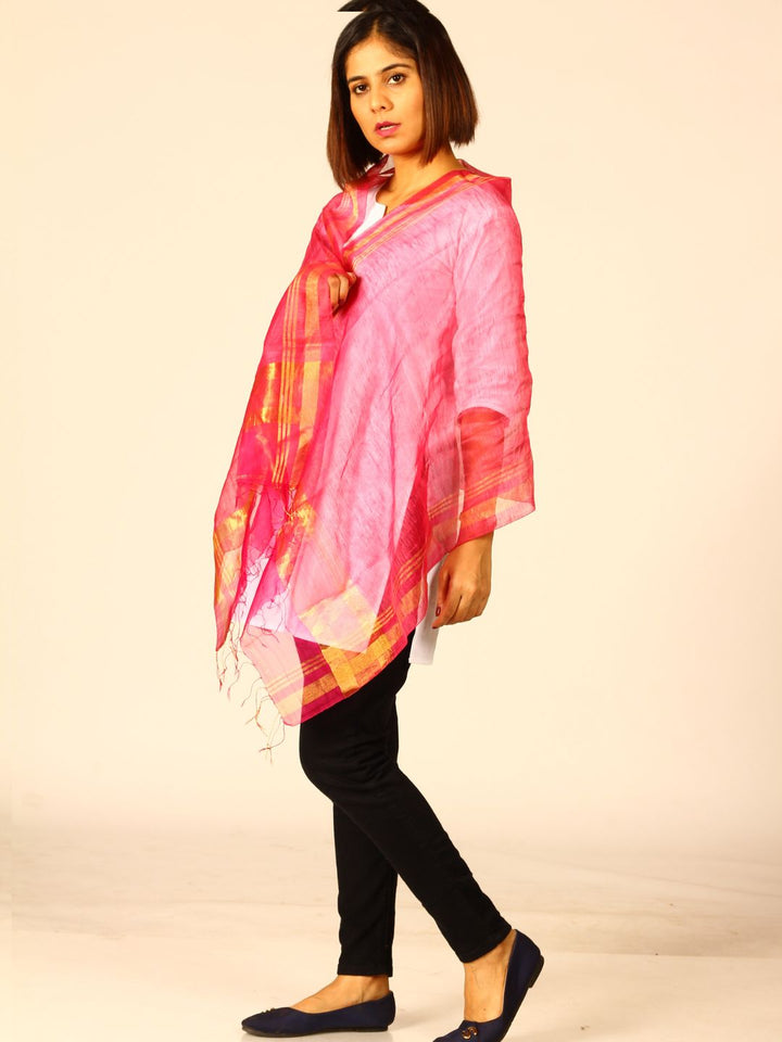 Pink Silk Linen Stole with Fringes | SHOBITAM