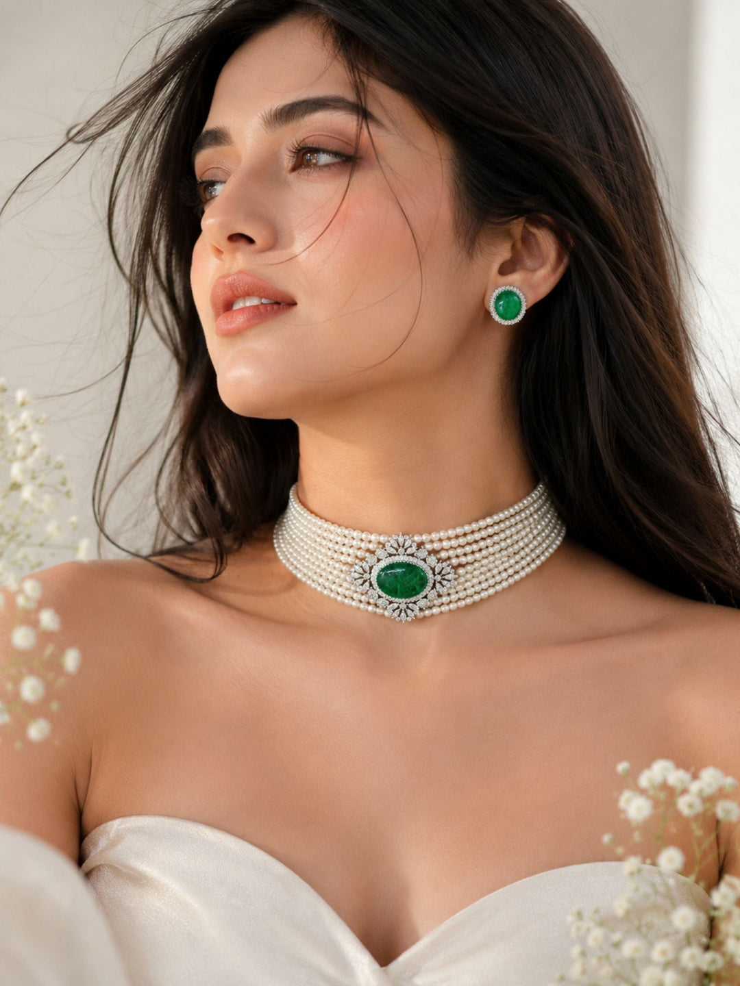 Emerald Pearl Choker Necklace Set in Silver Plating | SHOBITAM