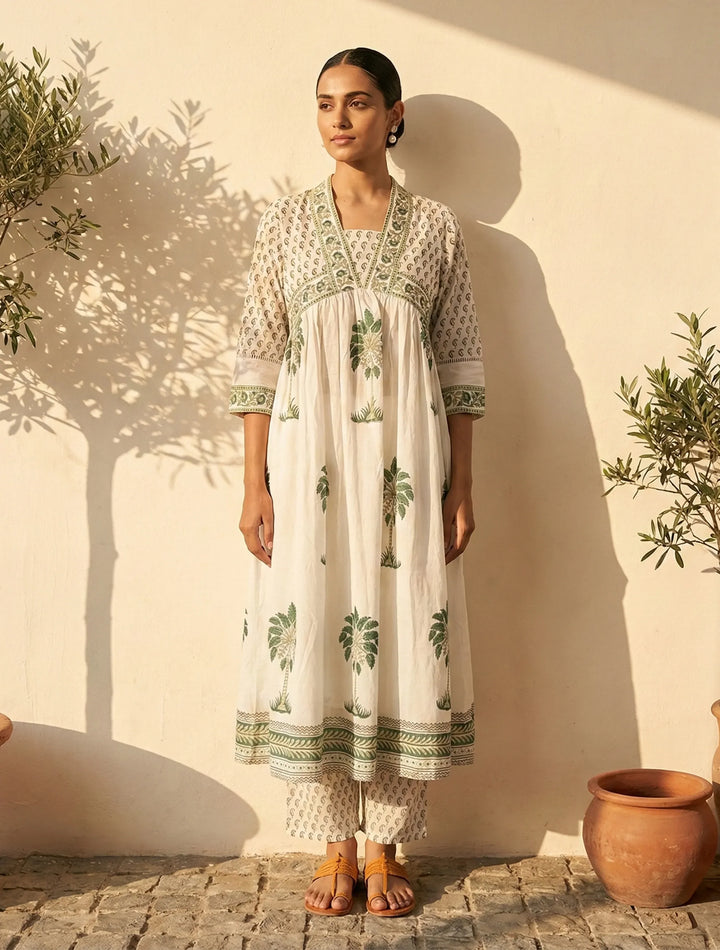White Green Printed Anarkali Kurta Pant Dupatta Set | SHOBITAM