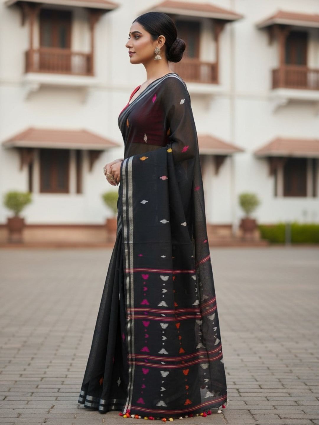 Black Handloom Jamdani Cotton Saree | SHOBITAM