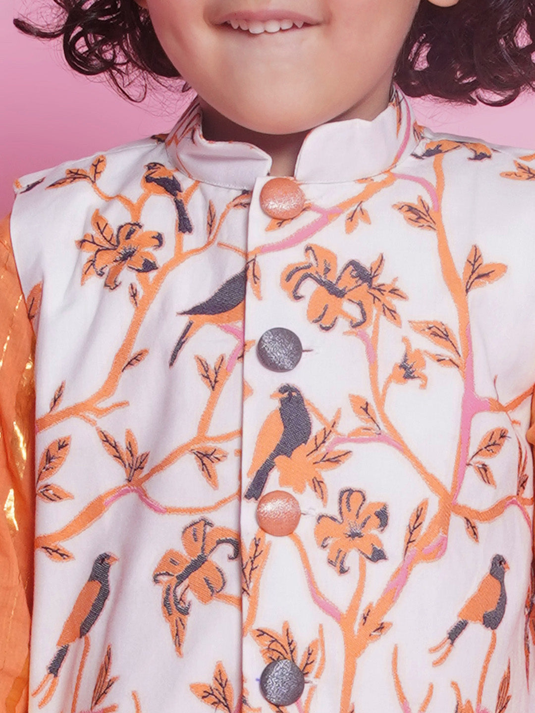 Cotton Sleevelees Floral Bird Thread Embrodiery Nehru Jacket with Striped Kurta and Dhoti - Orange and Cream | SHOBITAM