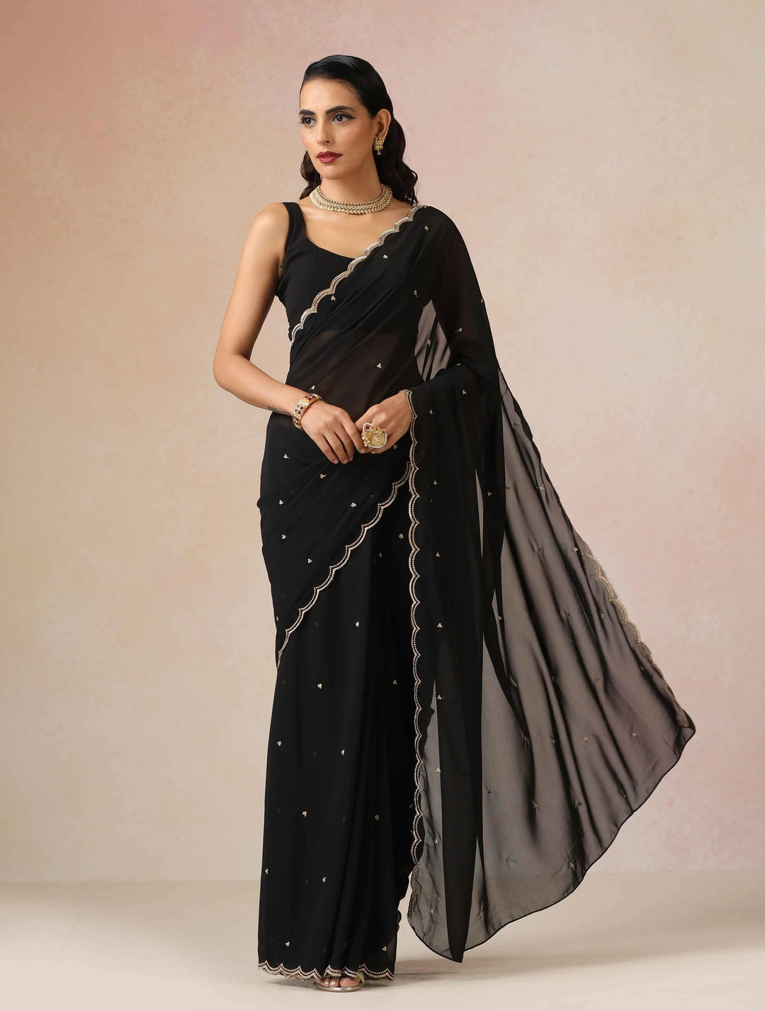 Black Georgette Embroidered Saree With unstitched Blouse | SHOBITAM
