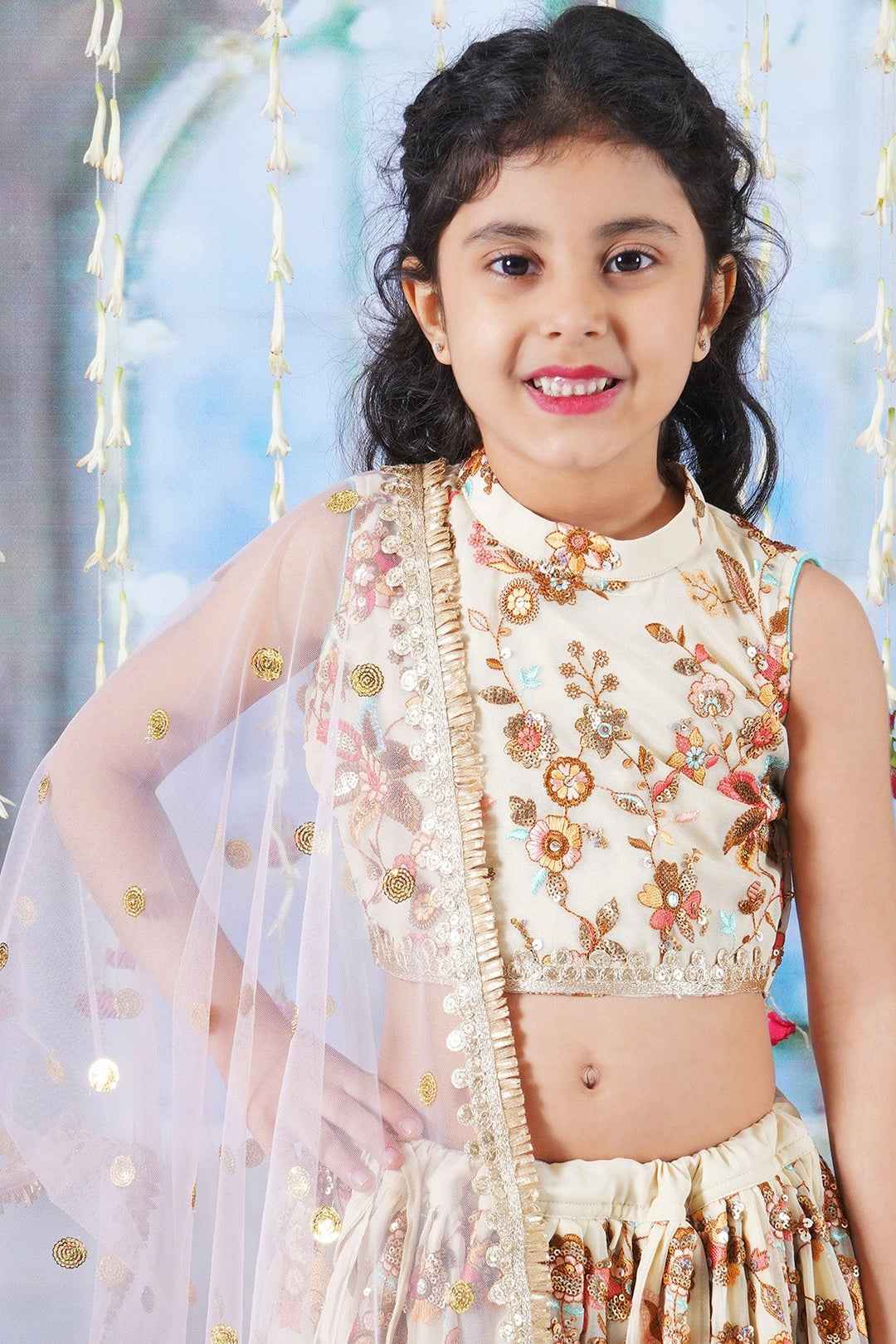 Girls Floral Embrodiery Lehenga with Blouse and Lacework Dupatta | SHOBITAM