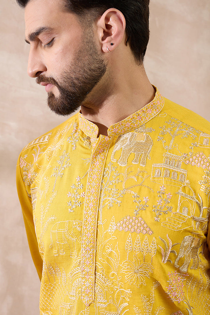 Yellow Silk Blend Embroidered Mandarin Collar Straight Kurta | SHOBITAM