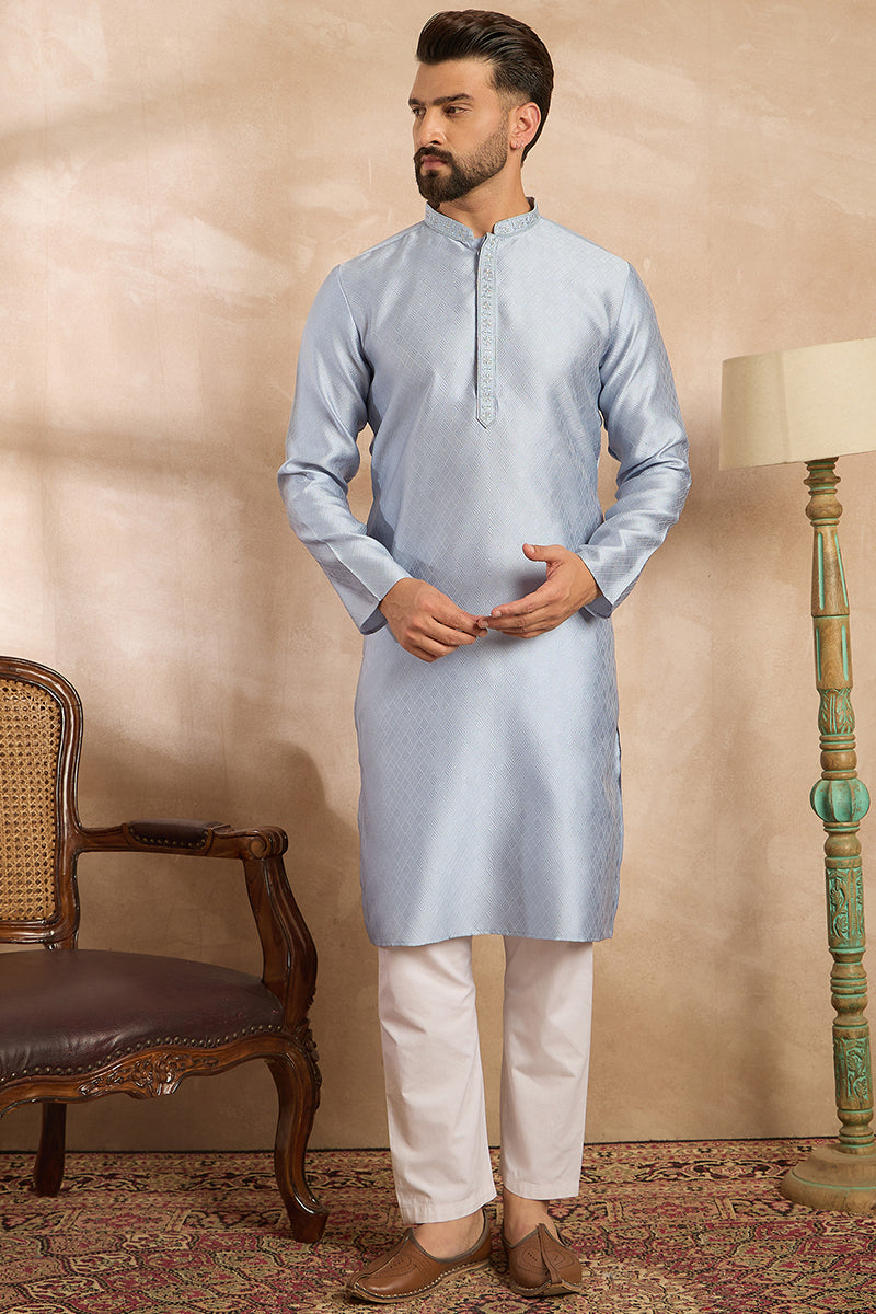 Blue Polyester Solid Embroidered Straight Kurta | SHOBITAM